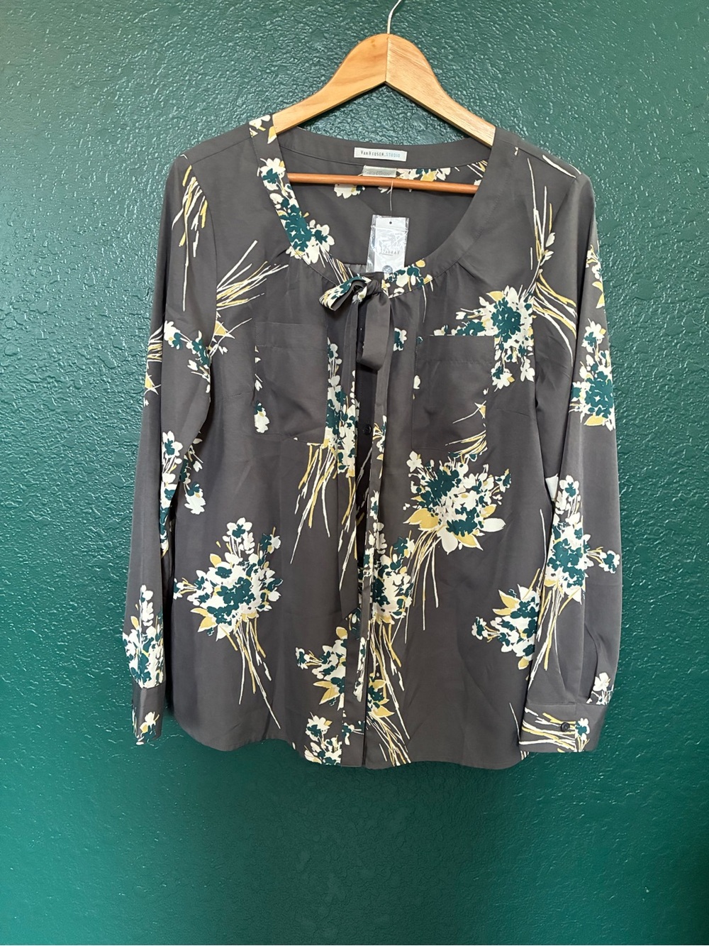 Van Heusen Dark Gray Floral Tie-Neck Blouse
